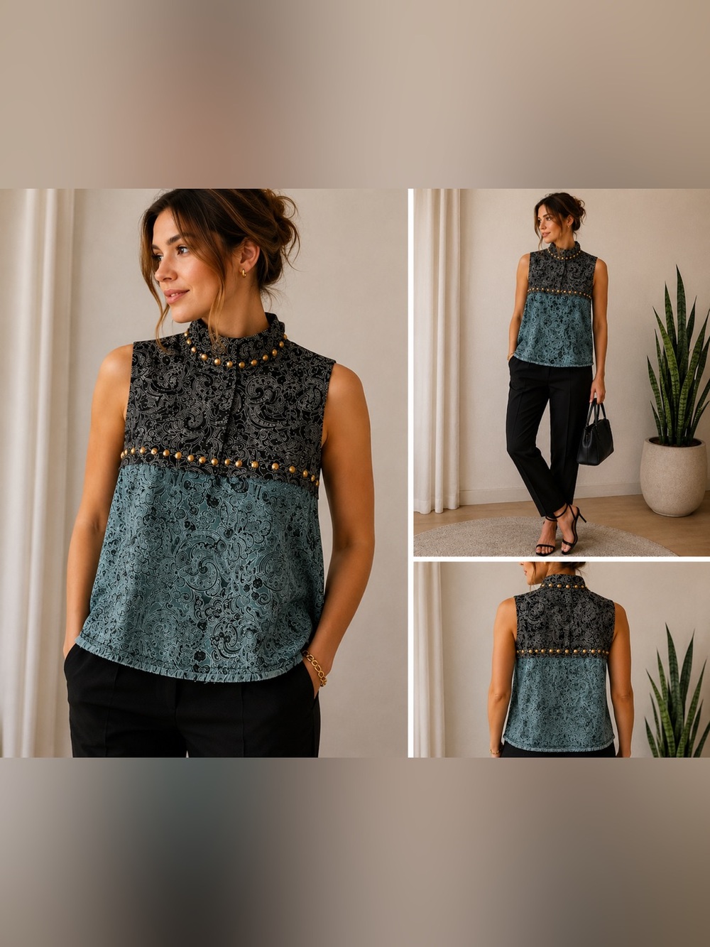 Jourden Paisley Studded Sleeveless Top Women’s 40 Blue Black High Neck Raw Hem